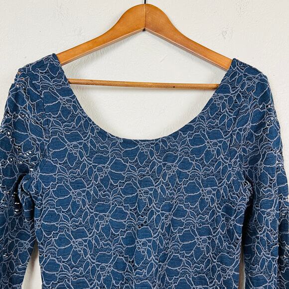 Free People Dress Embroider Floral Casual Flare Scoop Neck Blue Party Date - M - Picture 4 of 6